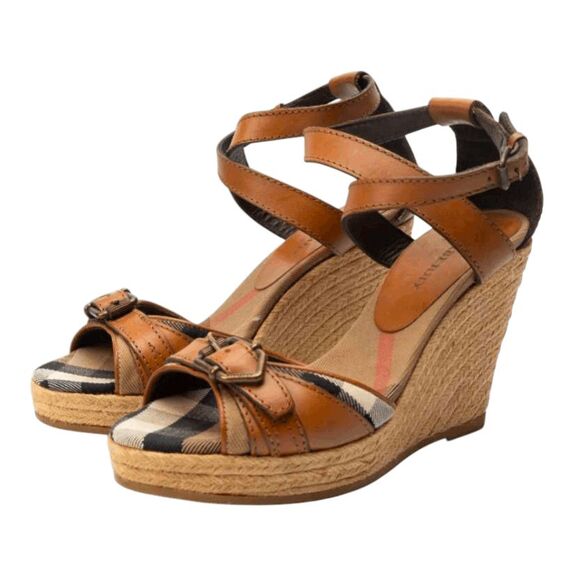 BURBERRY Nova Check Canvas/Leather Espadrille Wedge Sandals Size 40 - Picture 1 of 9